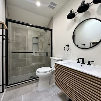 Glass Shower Bathroom with Slatted Vanity